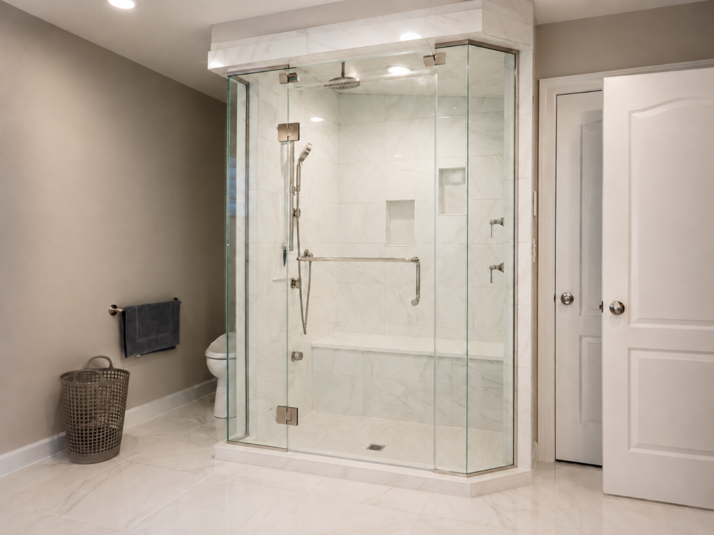commercial-grade-steam-shower-massage-jets-spring-lake-nj-luxury-bath-renovation Luxury steam shower with high pressure 1" jets and high-end porcelain tile with built in bench in Spring Lake, NJ