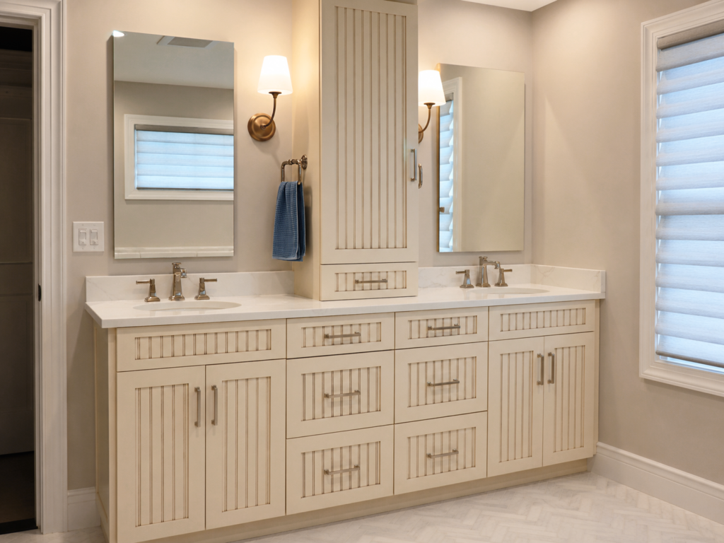 luxury-upscale-spring-lake-nj-double-vanity-full-bath-remodel Ultra high-end Splendor by VIATERA quartz, KOHLER faucets, Robern recessed medicine cabinets and Venus Alpe porcelain tile by Merola Tile complete this Spring Lake, NJ full bathroom remodel design.