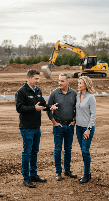 Illustration of Liamar’s step-by-step home-building process in New Jersey Liamar project supervisor discussing a new home build with clients in Monmouth County