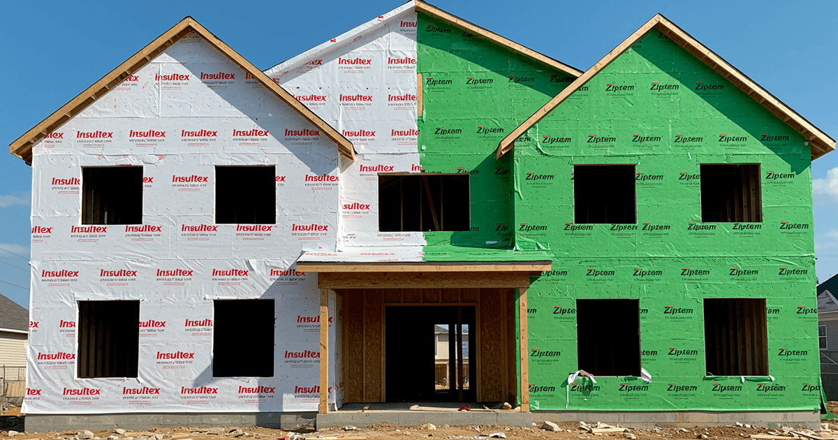 Insultex R-6 house wrap installation New home wrapped in Insultex R-6 house wrap with taped seams for energy efficiency