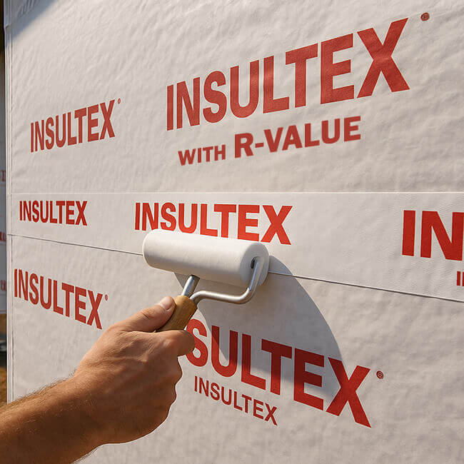 Applying Insultex Seam Tape with Roller on House Wrap Worker uses a white roller to press Insultex seam tape with red Insultex logo and R-VALUE across a horizontal joint on Insultex house wrap during residential construction