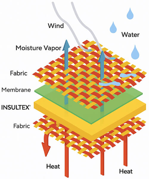 insultex-r6-house-wrap-layer-diagram-thermal-moisture-vapor-barrier Cutaway diagram of Insultex R-6 house wrap showing fabric layers, membrane, moisture vapor flow, water resistance, and thermal insulation performance