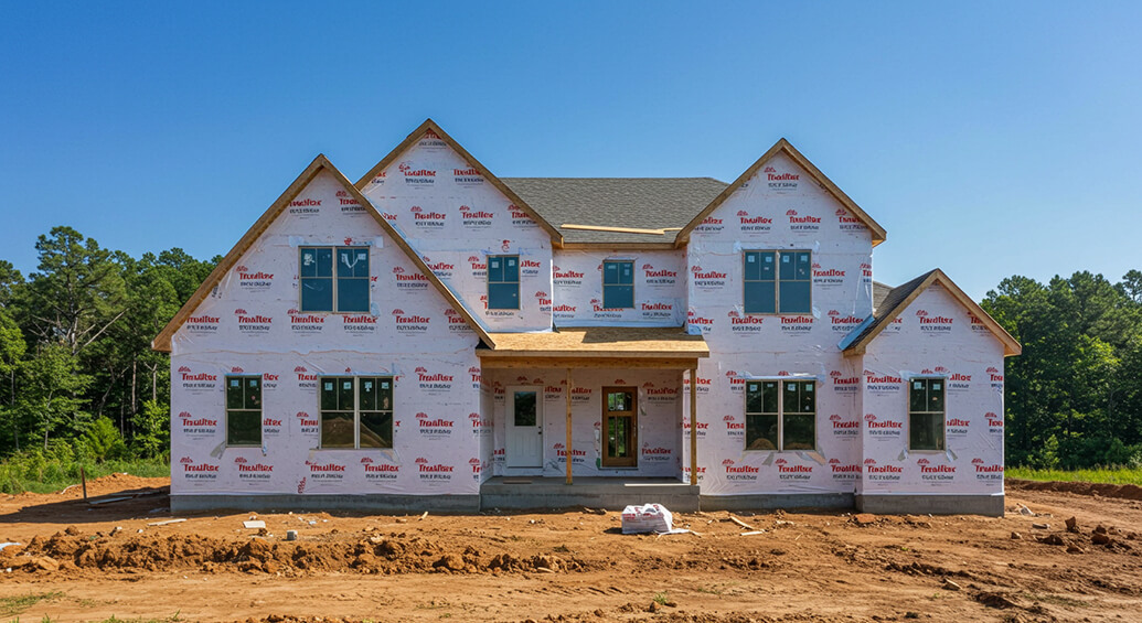 Insultex R-6 house wrap installation New home wrapped in Insultex R-6 house wrap with taped seams for energy efficiency