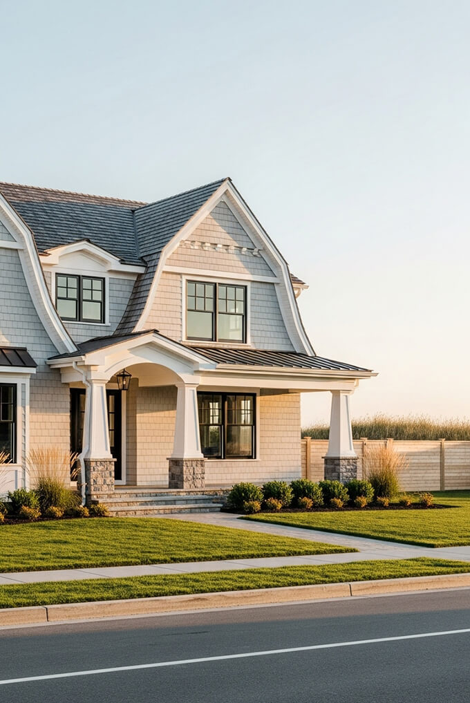 Custom New Home Construction in NJ | Stick-Built and Modular Homes by Liamar Coastal craftsman custom home exterior in New Jersey at golden hour