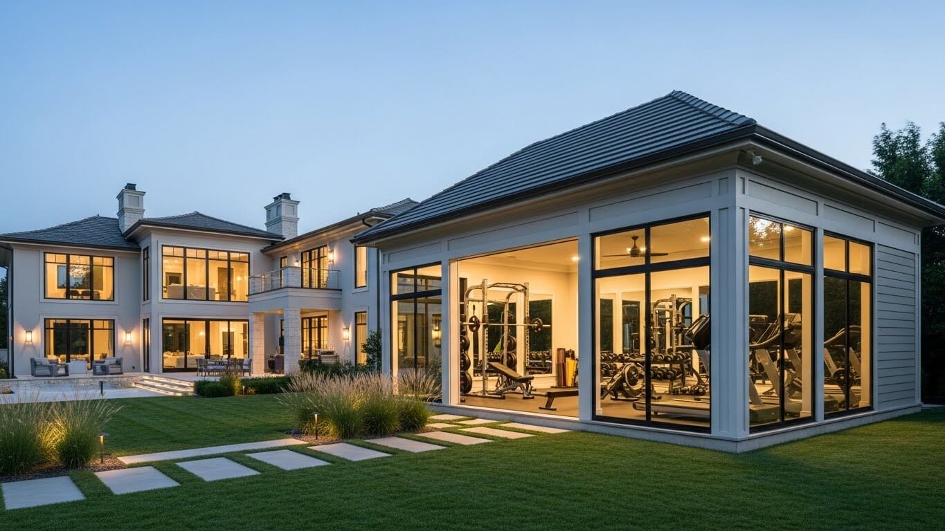 BodyShed backyard home gym – luxury freestanding fitness studio matching main home Exterior view of a multimillion-dollar modern home with its full rear façade visible and a large freestanding backyard gym building off to the side, designed to match the house and filled with premium weight training and cardio equipment.
