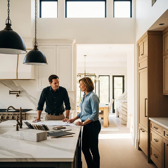 Design-Build Collaboration | Luxury Kitchen & Bath Renovation in Monmouth County, NJ Designer and homeowner reviewing blueprints and material samples during a luxury kitchen and bath renovation in Monmouth County, NJ, showcasing the design-build process from concept to completion.