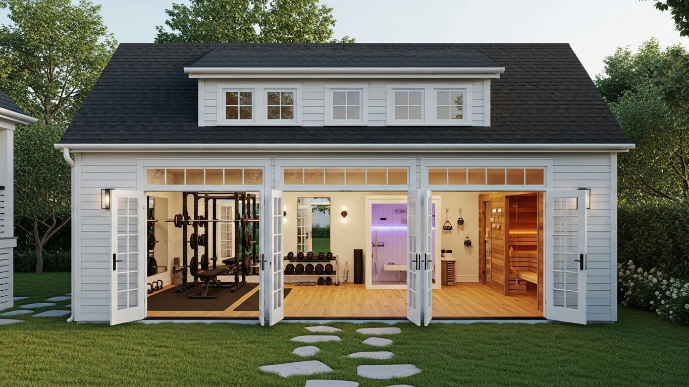 BodyShed personal backyard wellness center and home gym by Liamar in Central New Jersey BodyShed personal backyard wellness center by Liamar behind a modern New Jersey home with a gable roof white siding open French doors hardwood floors and wellness gym equipment