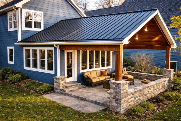 Luxury two story Northeast home with rear addition featuring covered gable patio, cedar ceiling, stone columns, and outdoor seating at sunset