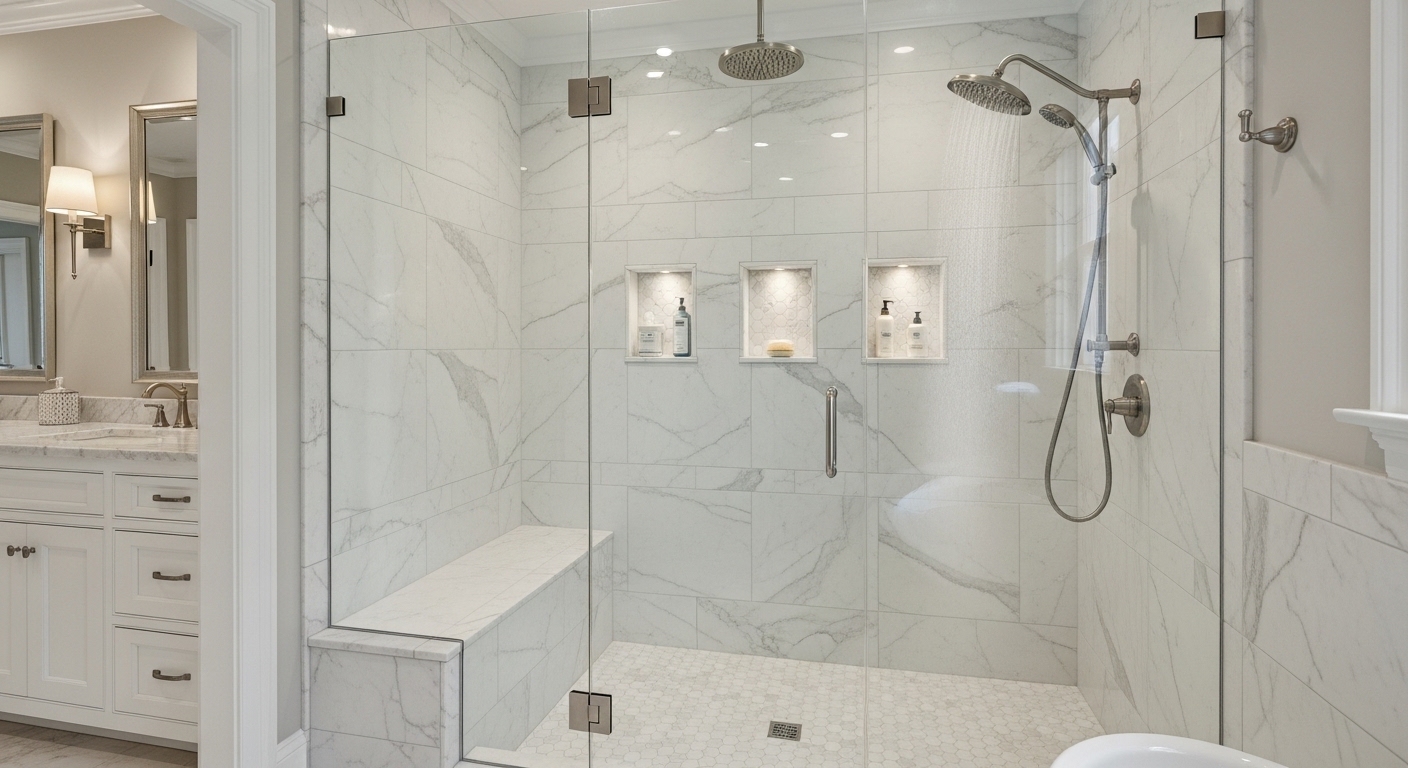 Residential steam shower with porcelain wall tile, mosaic floor, and glass enclosure