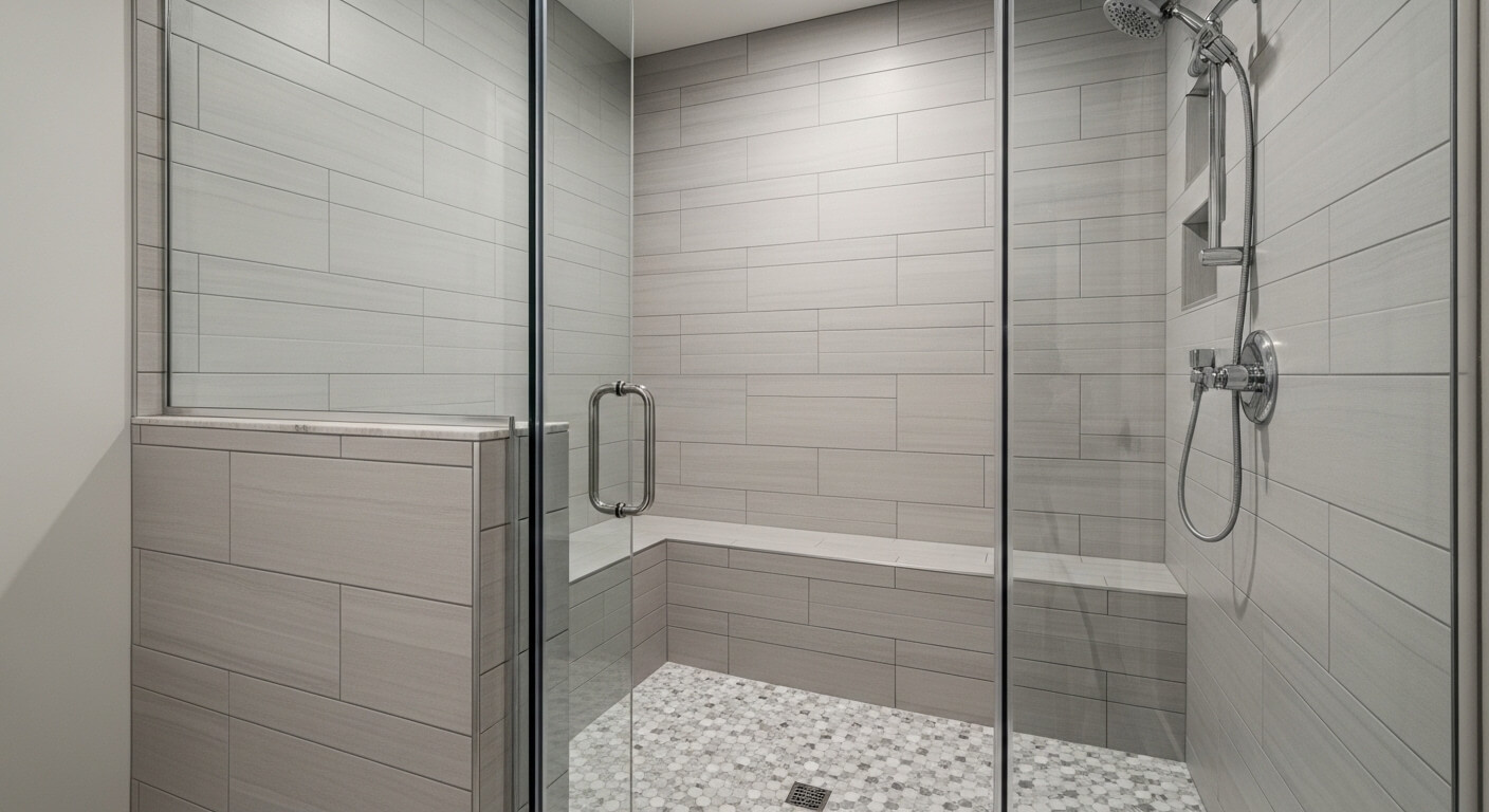 Residential steam shower with porcelain tile and glass enclosure Residential steam shower with porcelain wall tile, mosaic floor, and glass enclosure