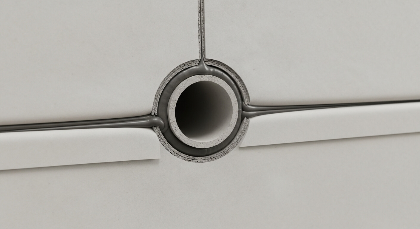 Steam shower penetration sealed with collar and compatible sealant Membrane collar sealing a pipe penetration in a steam shower waterproofing system